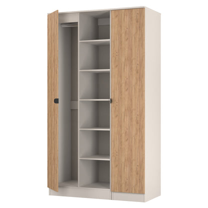 Bora Tall Wardrobe Oak & Off-White 3 Doors 6 Shelves 196cm