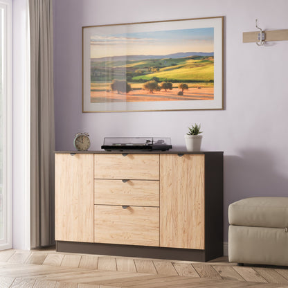 Bora Large Sideboard Oak & Dark Grey 2 Doors 2 Shelves 3 Drawers 126cm