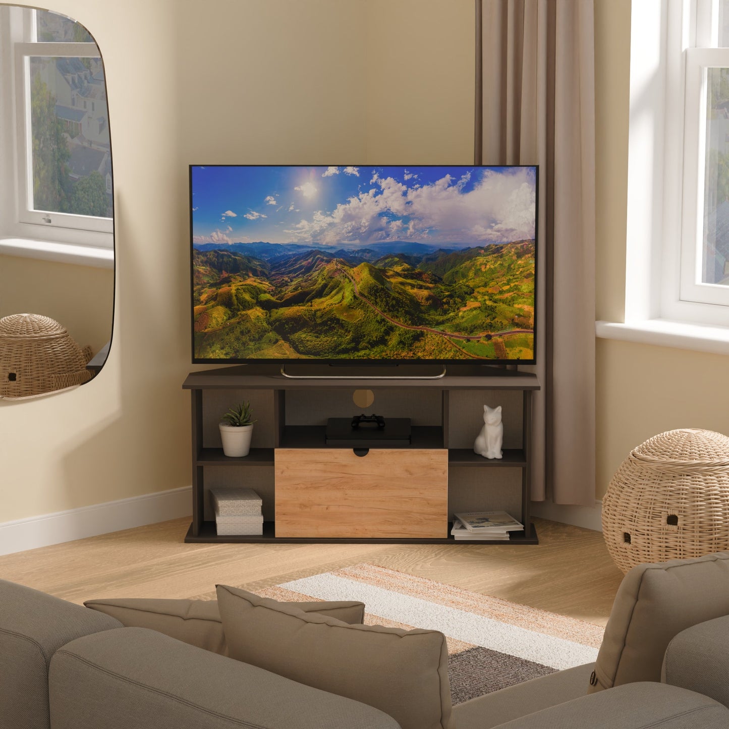 Bora Corner Corner TV Unit Gold & Dark Grey 4 Shelves 1 Drawer 110cm