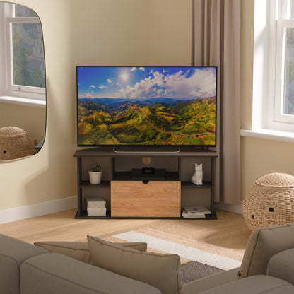 Bora Corner Corner TV Unit Gold & Dark Grey 4 Shelves 1 Drawer 110cm