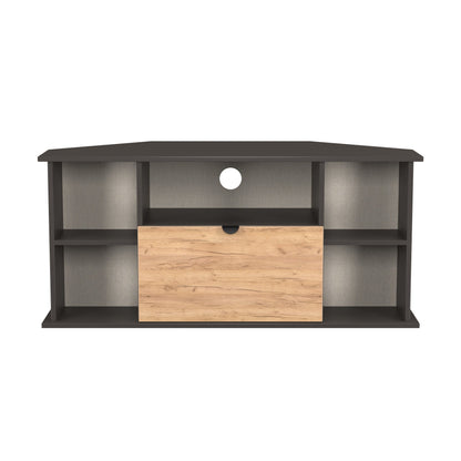 Bora Corner Corner TV Unit Gold & Dark Grey 4 Shelves 1 Drawer 110cm
