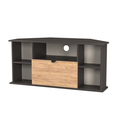 Bora Corner Corner TV Unit Gold & Dark Grey 4 Shelves 1 Drawer 110cm