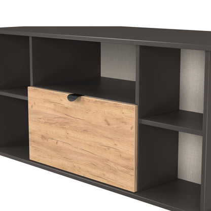 Bora Corner Corner TV Unit Gold & Dark Grey 4 Shelves 1 Drawer 110cm