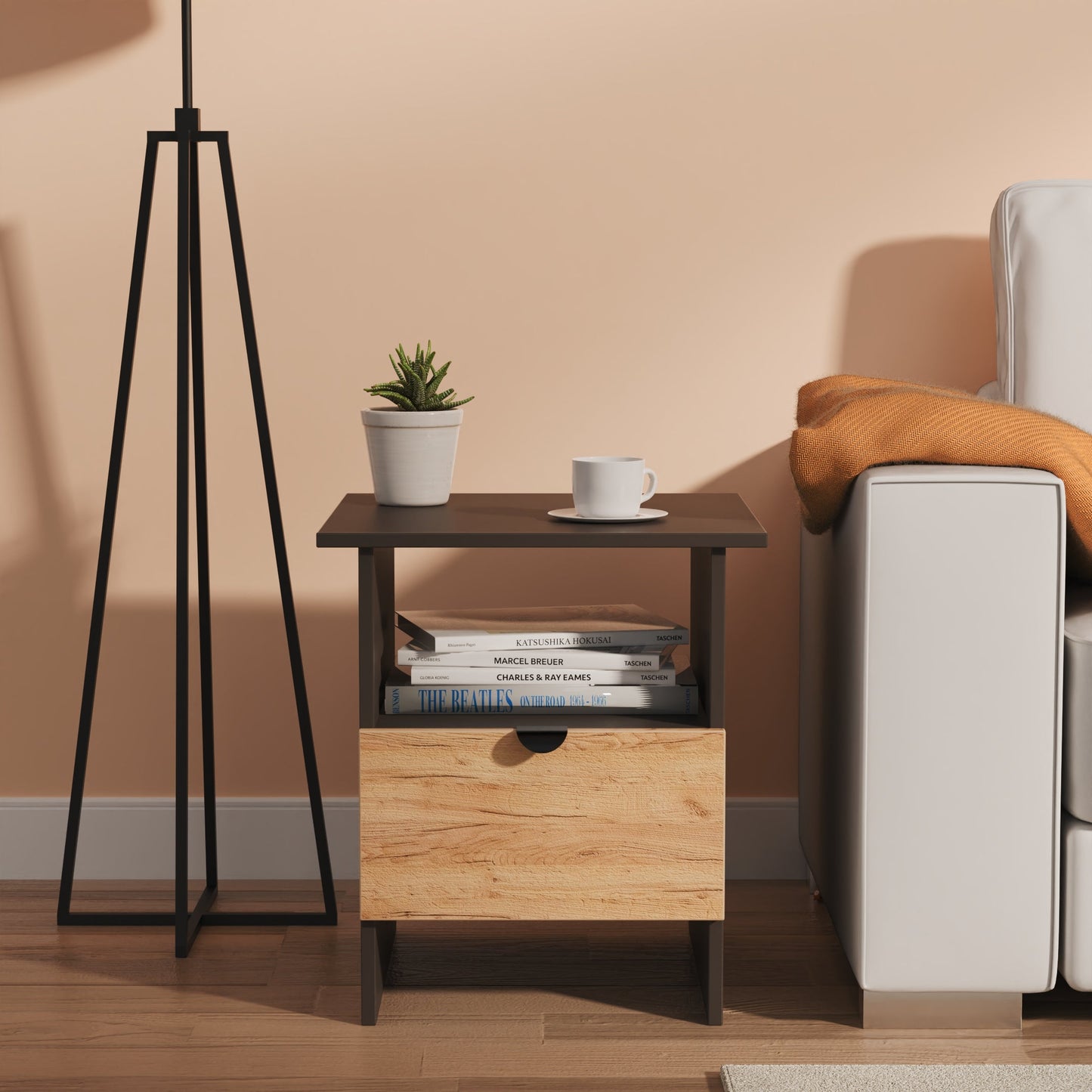 Bora Side Table Gold & Dark Grey 1 Shelf 1 Drawer 50cm