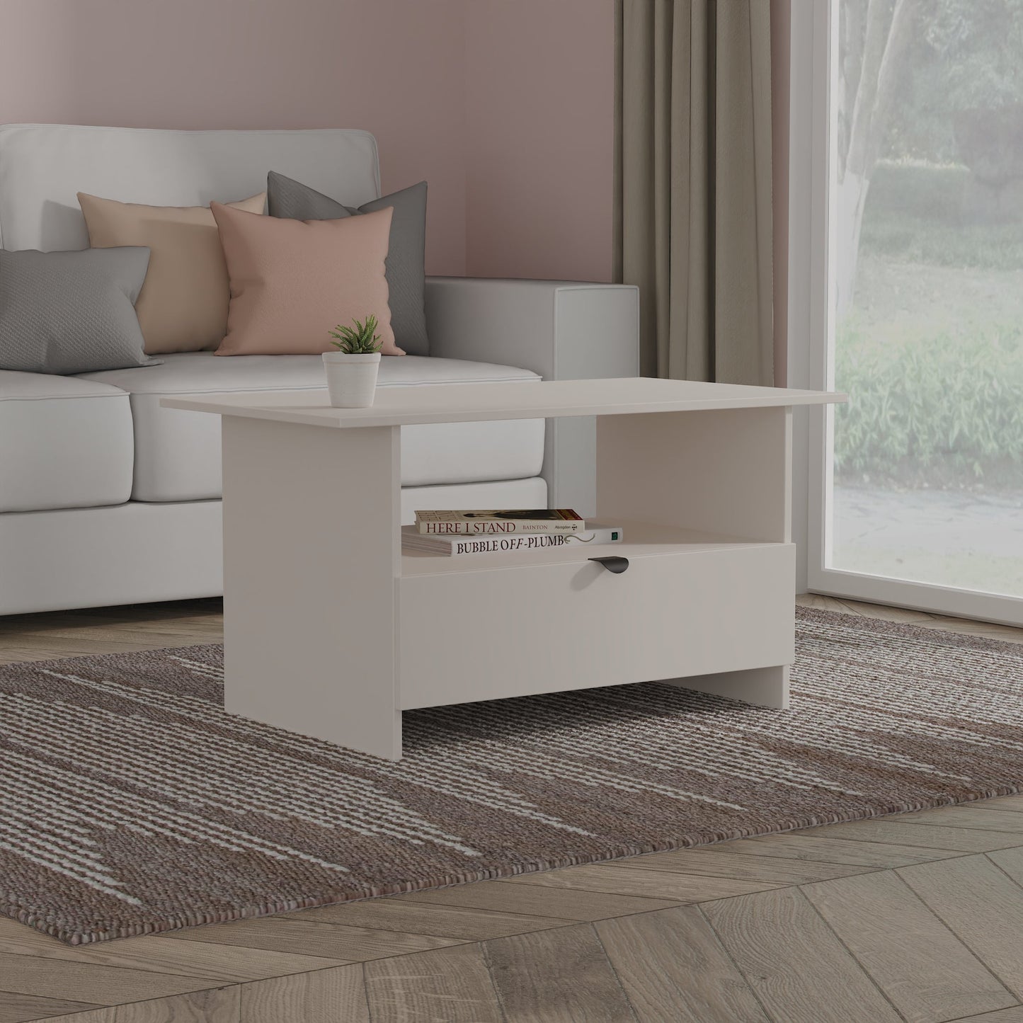 Bora Coffee Table Off-White 1 Shelf 1 Drawer 93cm