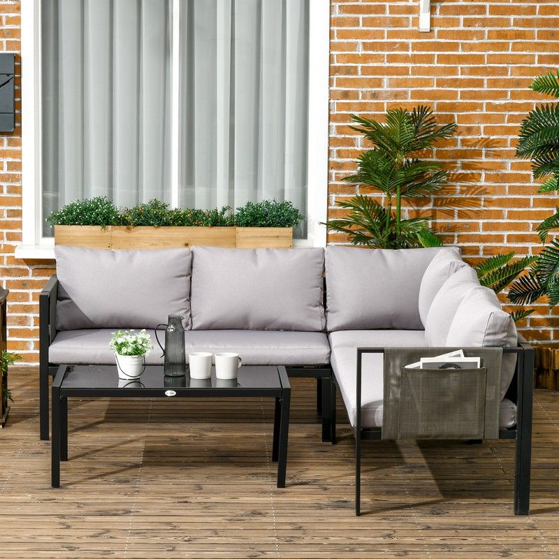 4 Piece Metal Garden Furniture Set Tempered Glass Coffee Table