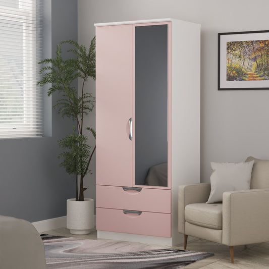 Camden Tall Mirror Wardrobe Pink & White 2 Doors 2 Drawers 182cm