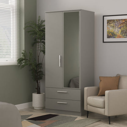 Contrast Tall Mirror Wardrobe Grey 2 Doors 2 Drawers 182cm
