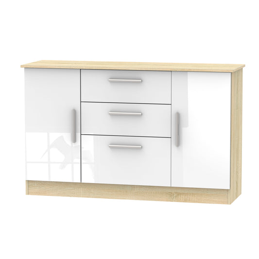 Contrast Large Sideboard White & Oak 2 Doors 2 Shelves 3 Drawers 126cm