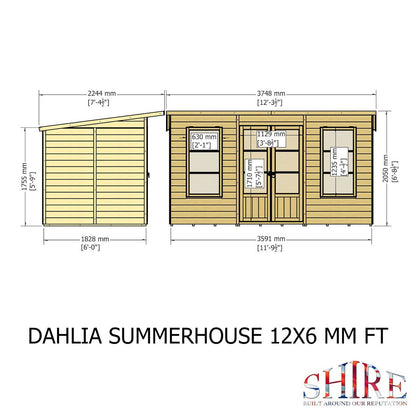 Shire Dahlia 7' 4" x 12' 3" Pent Summerhouse - Premium Dip Treated Overlap
