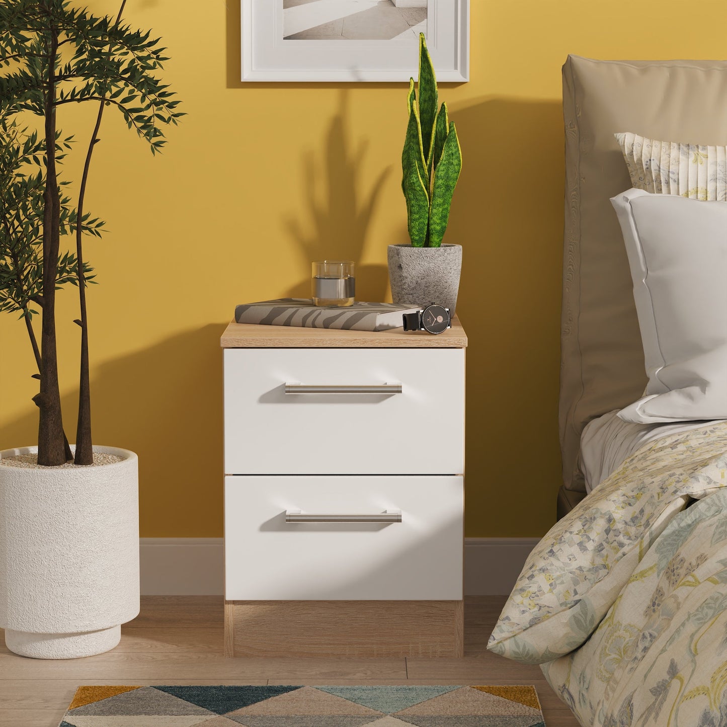 Devon Bedside Table White & Oak 2 Drawers 51cm