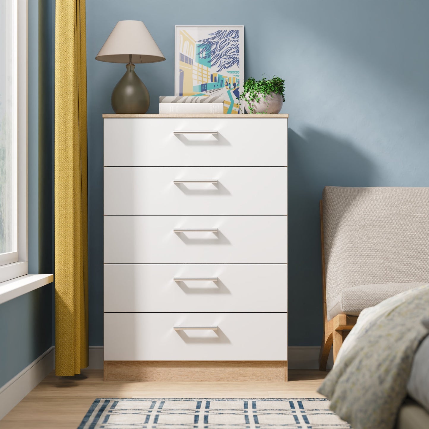 Devon Tall Chest of Drawers White & Oak 5 Drawers 108cm