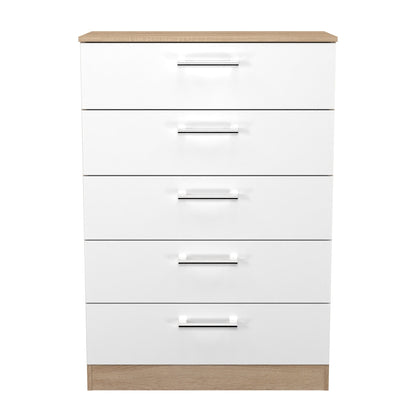 Devon Tall Chest of Drawers White & Oak 5 Drawers 108cm