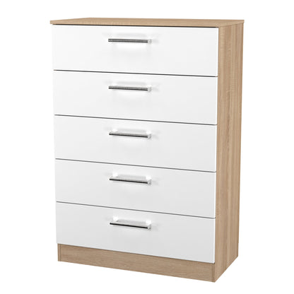 Devon Tall Chest of Drawers White & Oak 5 Drawers 108cm