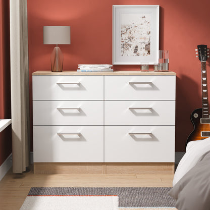 Devon Large Chest of Drawers White & Oak 6 Drawers 110cm