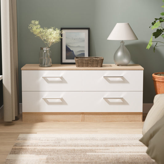 Devon Large Chest of Drawers White & Oak 4 Drawers 110cm