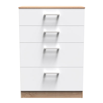 Devon Tall Chest of Drawers White & Oak 4 Drawers 108cm