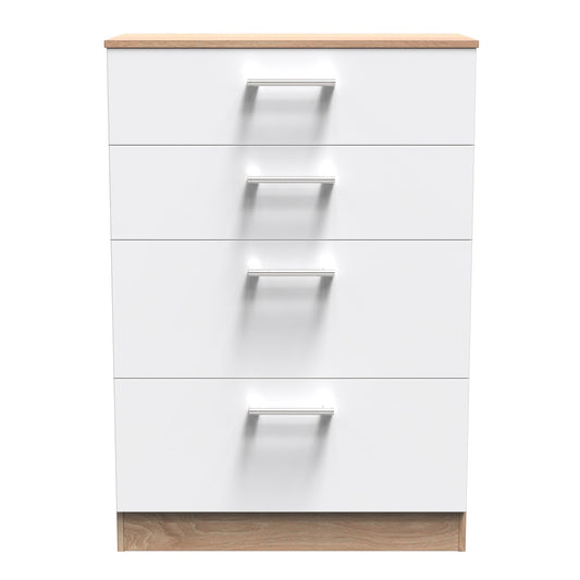 Devon Tall Chest of Drawers White & Oak 4 Drawers 108cm