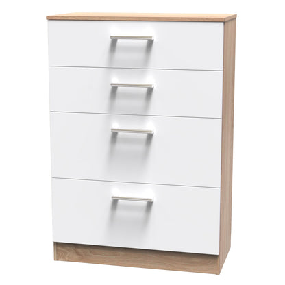 Devon Tall Chest of Drawers White & Oak 4 Drawers 108cm