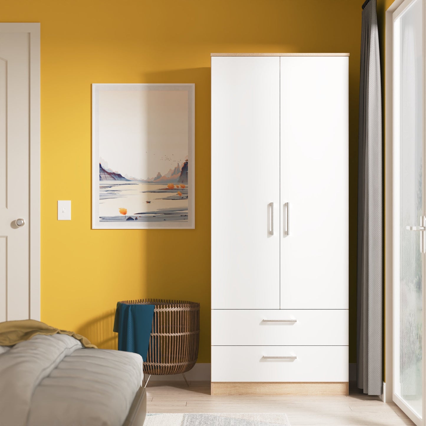 Devon Tall Wardrobe White & Oak 2 Doors 2 Drawers 182cm