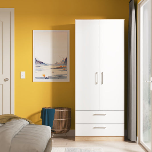Devon Tall Wardrobe White & Oak 2 Doors 2 Drawers 182cm