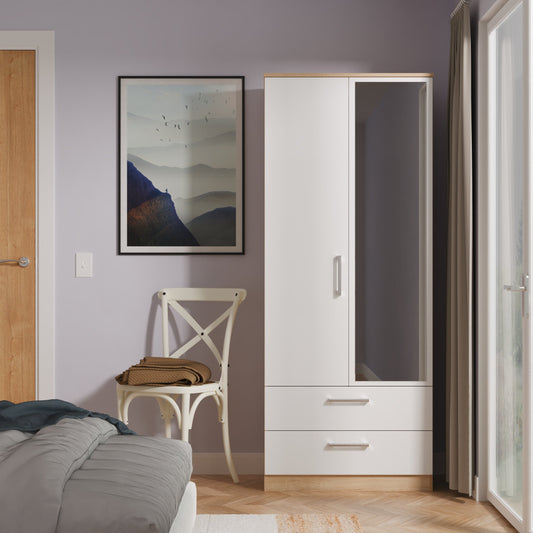 Devon Tall Mirror Wardrobe White & Oak 2 Doors 2 Drawers 182cm