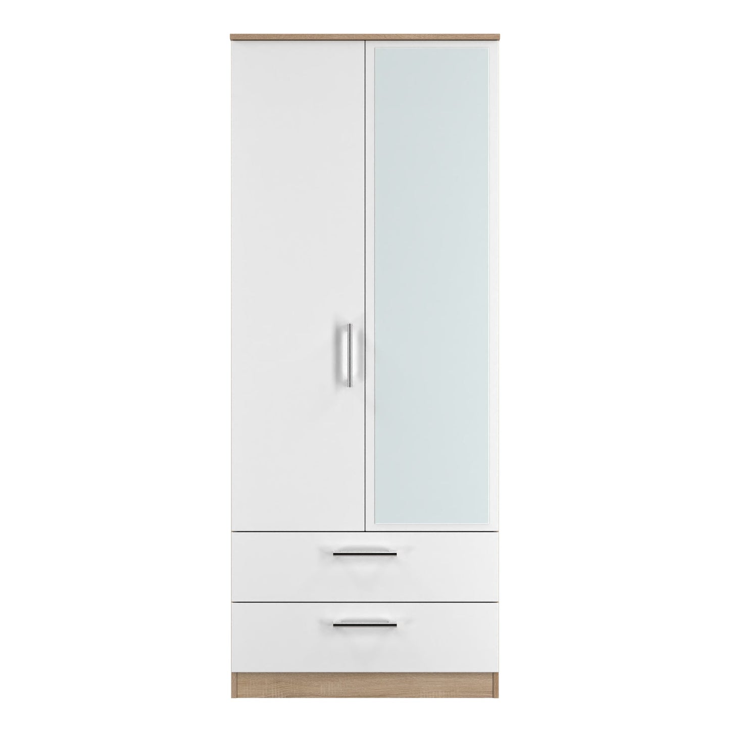 Devon Tall Mirror Wardrobe White & Oak 2 Doors 2 Drawers 182cm