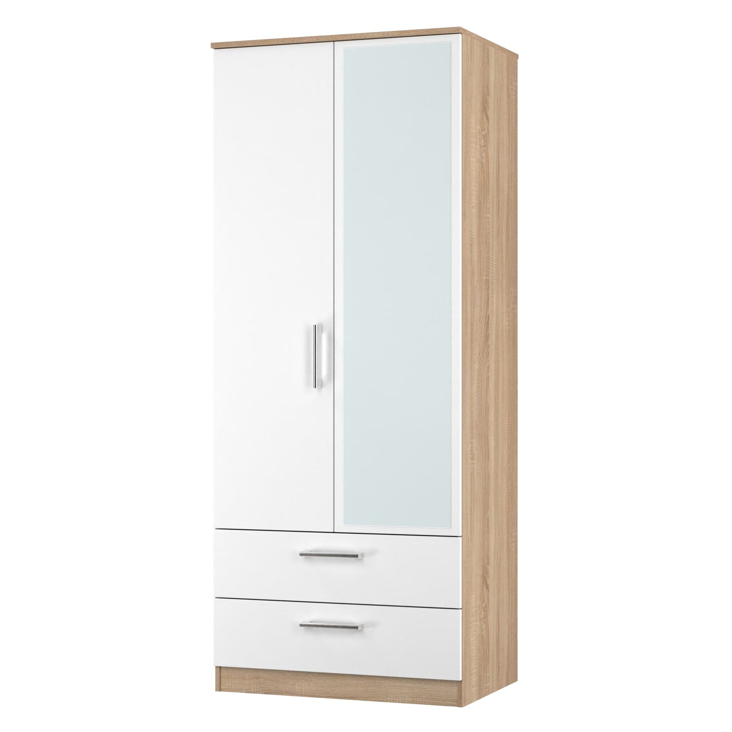 Devon Tall Mirror Wardrobe White & Oak 2 Doors 2 Drawers 182cm