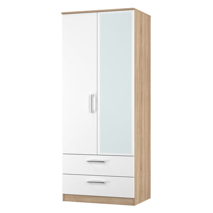 Devon Tall Mirror Wardrobe White & Oak 2 Doors 2 Drawers 182cm
