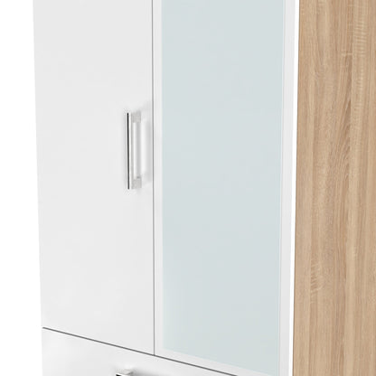 Devon Tall Mirror Wardrobe White & Oak 2 Doors 2 Drawers 182cm
