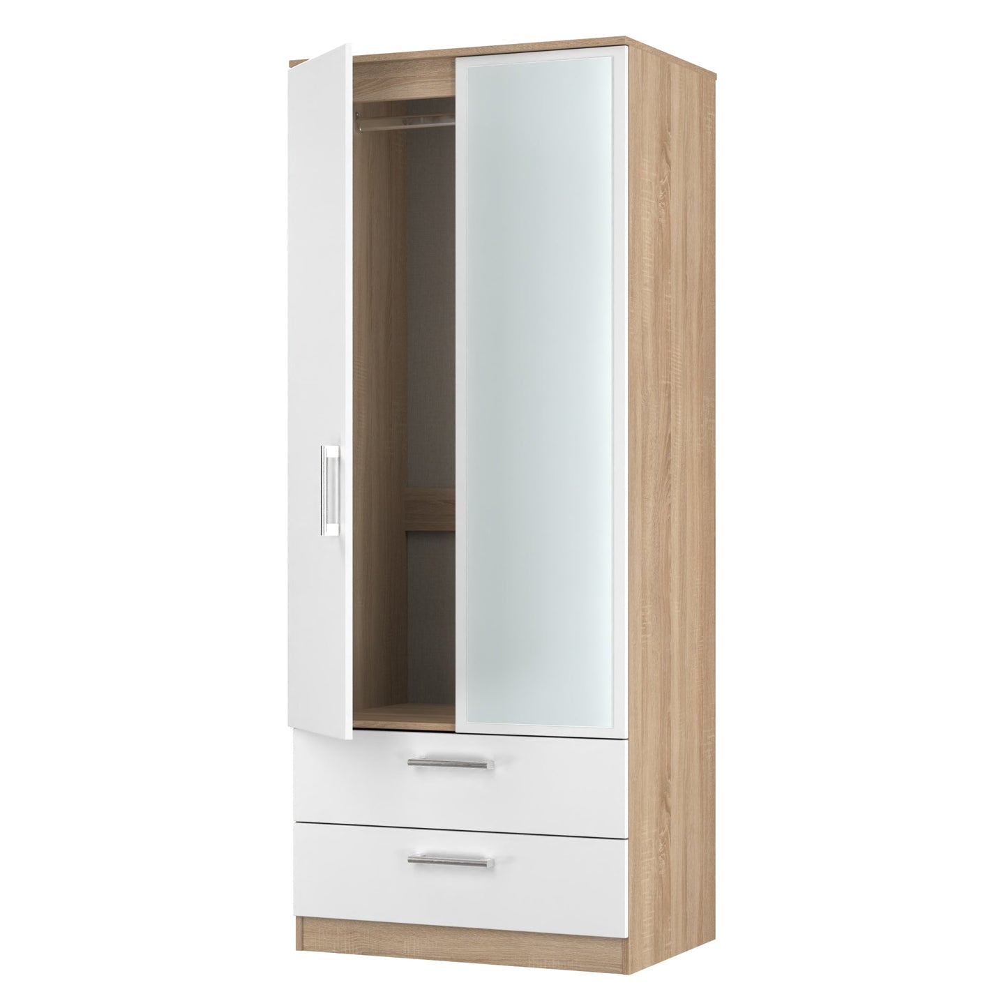 Devon Tall Mirror Wardrobe White & Oak 2 Doors 2 Drawers 182cm