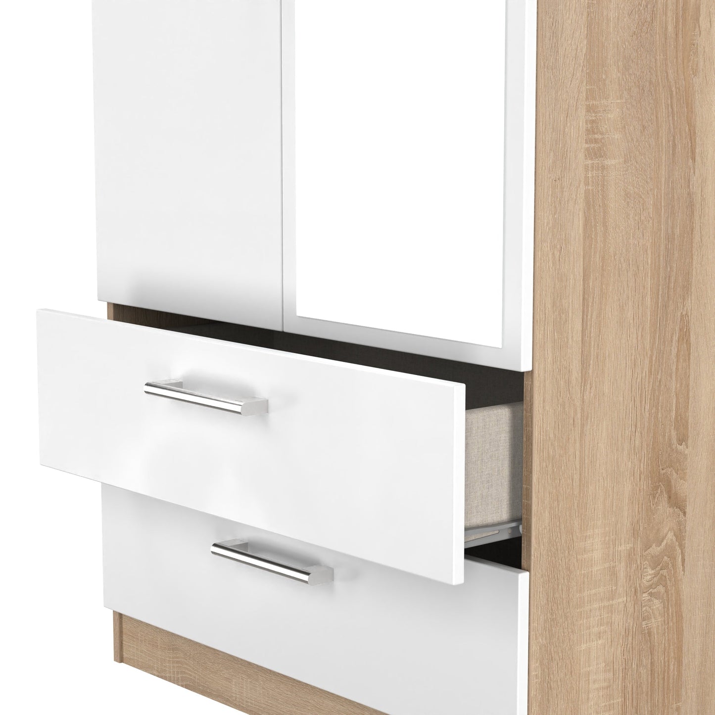 Devon Tall Mirror Wardrobe White & Oak 2 Doors 2 Drawers 182cm