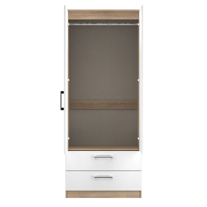Devon Tall Mirror Wardrobe White & Oak 2 Doors 2 Drawers 182cm