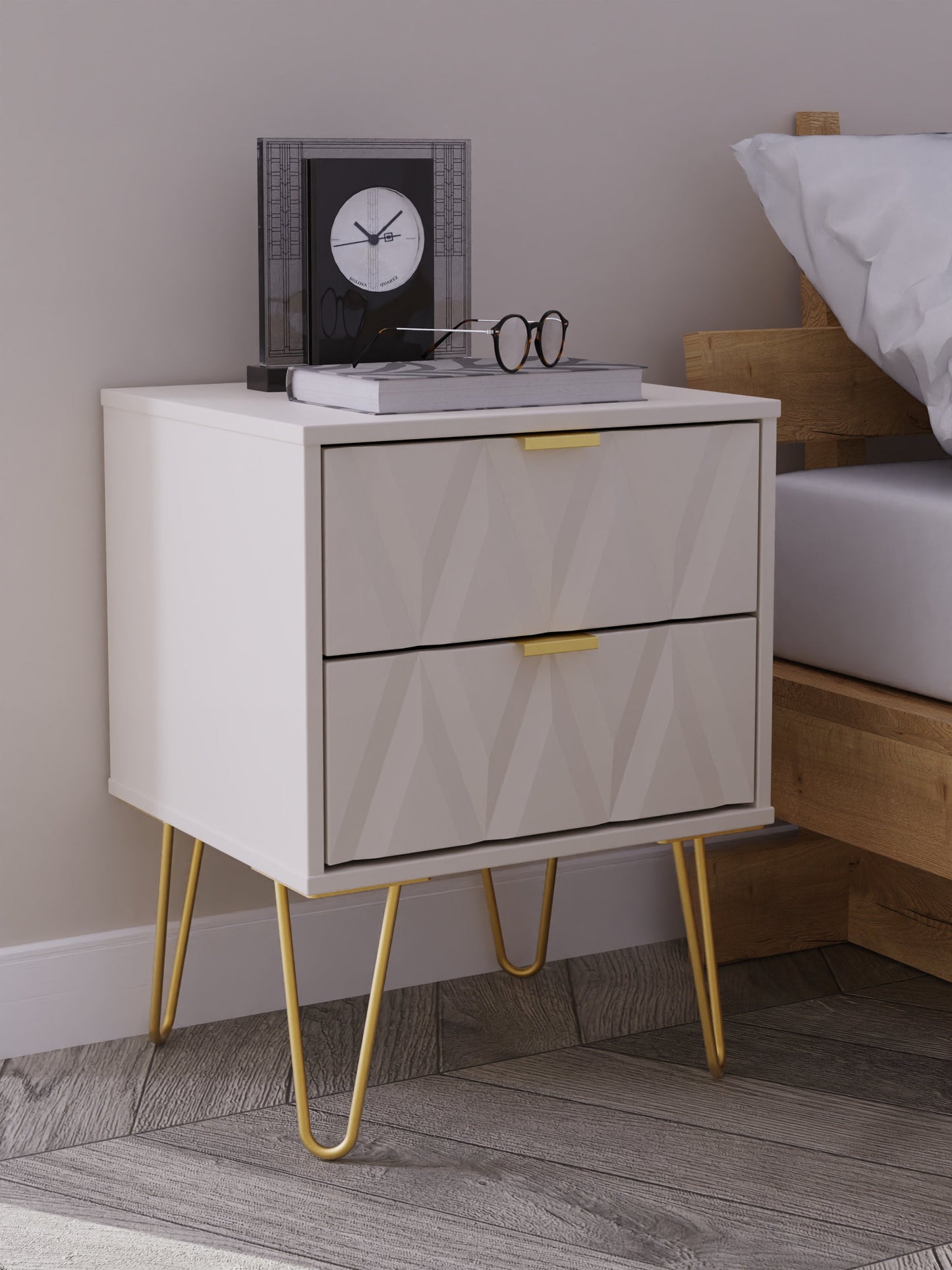 Diamond Bedside Table Off-White 2 Drawers 60cm