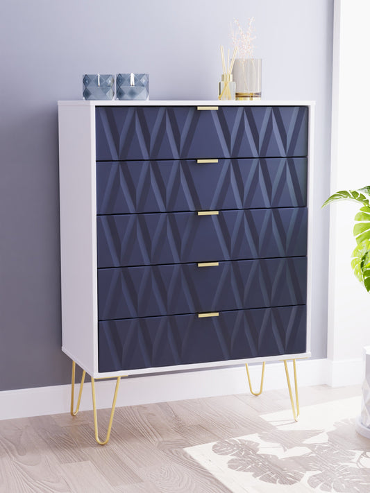 Diamond Tall Chest of Drawers Grey & White 5 Drawers 109cm