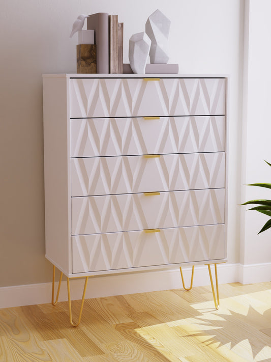 Diamond Tall Chest of Drawers White 5 Drawers 109cm
