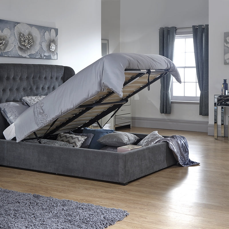 GFW Dakota King Size Ottoman Bed Fabric Grey 5 x 7ft