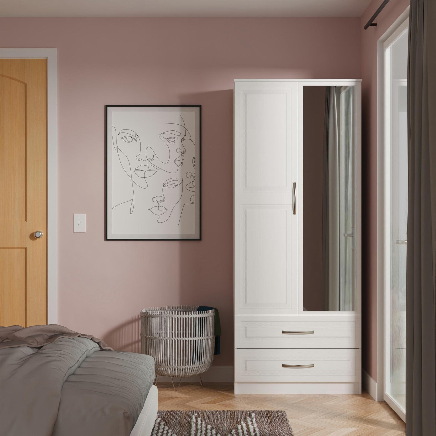 Dorset Tall Mirror Wardrobe White 2 Doors 2 Drawers 182cm