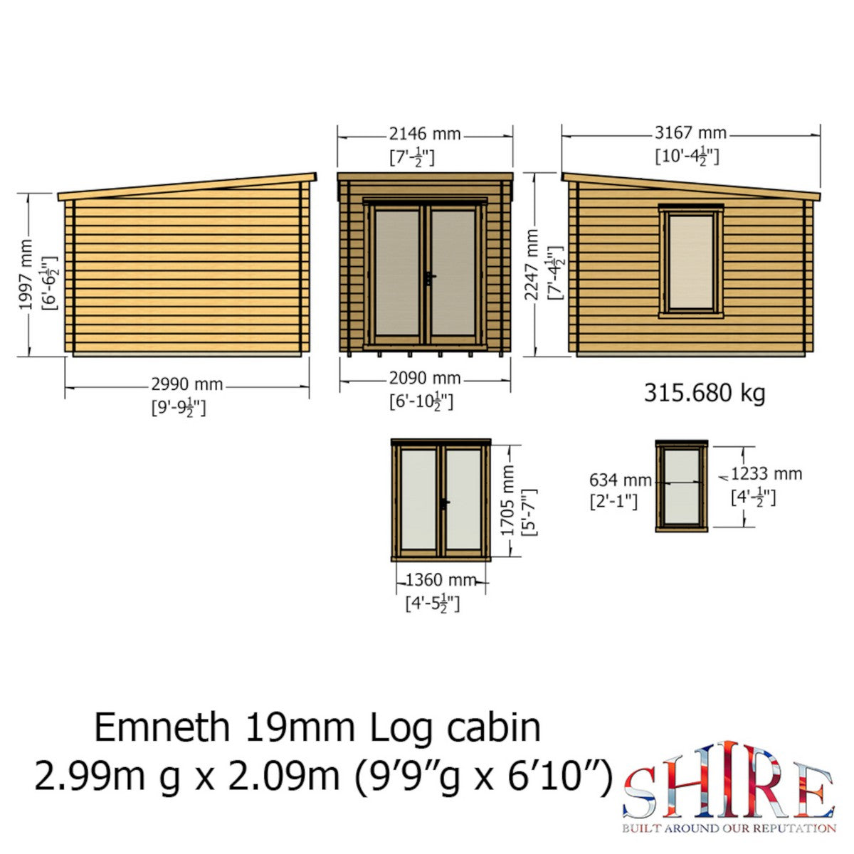 Shire Emneth 6' 10" x 9' 9" Pent Log Cabin - Premium 19mm Cladding Log Clad
