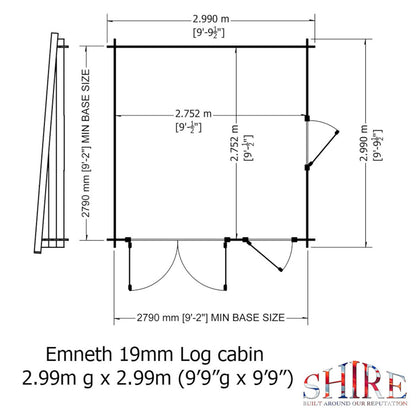 Shire Emneth 9' 9" x 9' 9" Pent Log Cabin - Premium 19mm Cladding Log Clad