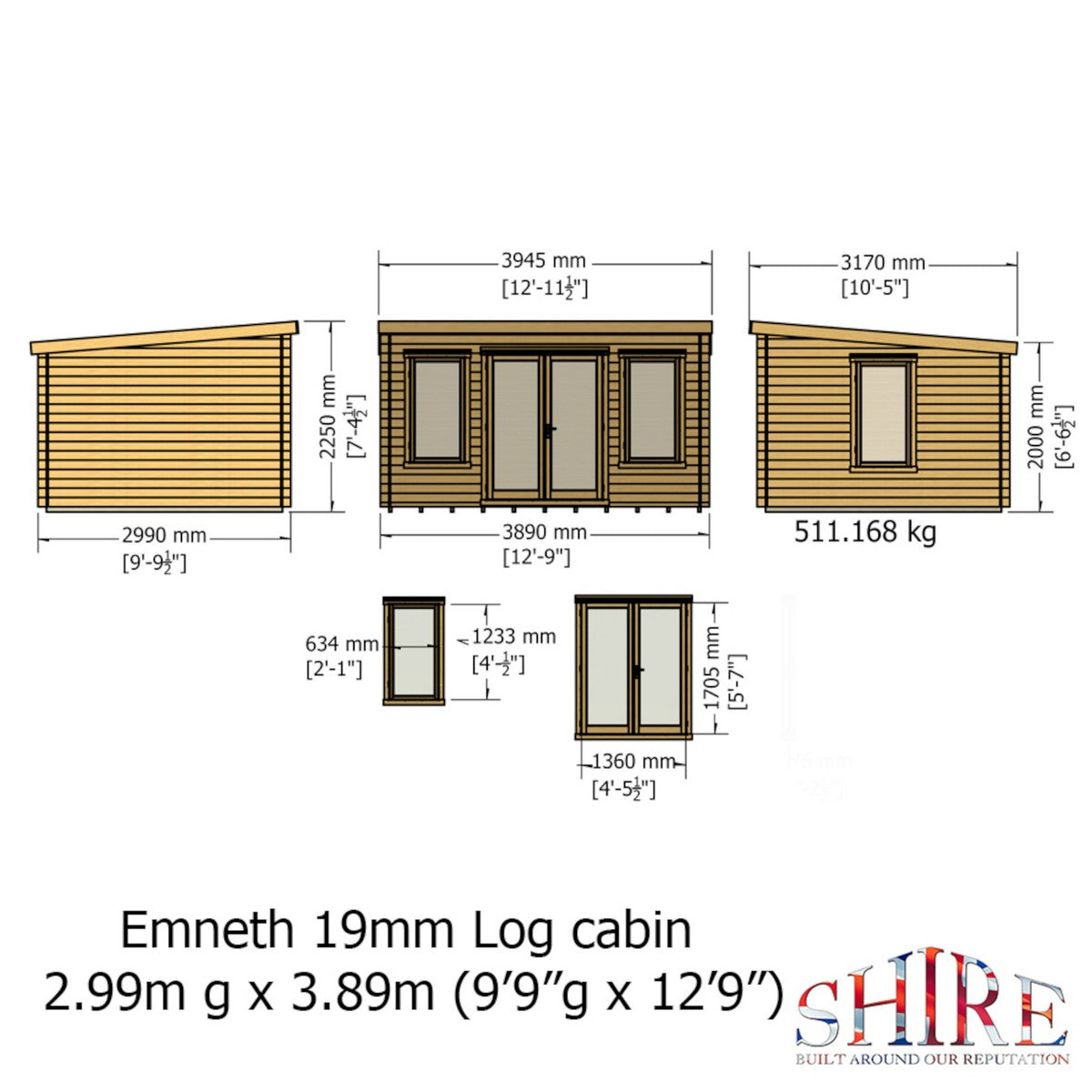 Shire Emneth 12' 9" x 9' 9" Pent Log Cabin - Premium 19mm Cladding Log Clad