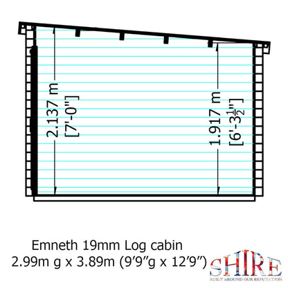 Shire Emneth 12' 9" x 9' 9" Pent Log Cabin - Premium 19mm Cladding Log Clad