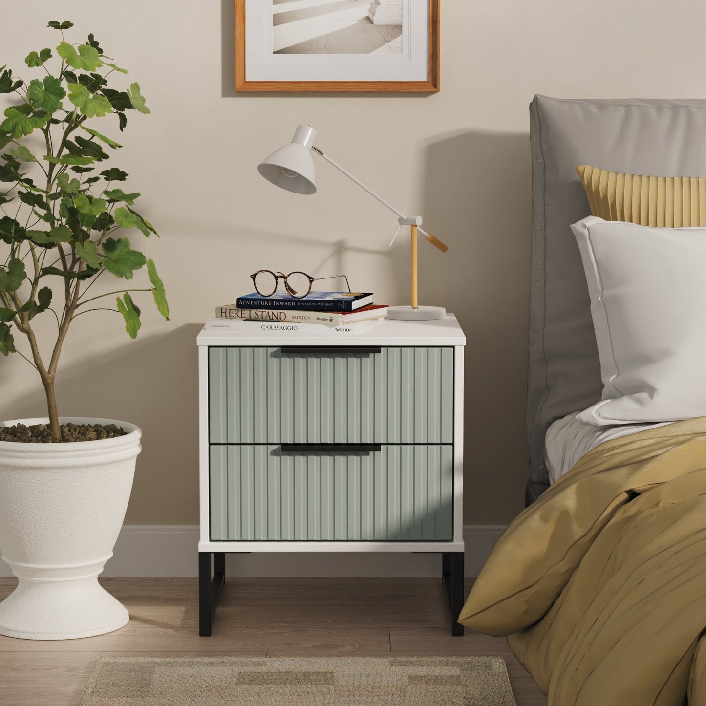 Fluted Bedside Table Teal & White 2 Drawers 60cm