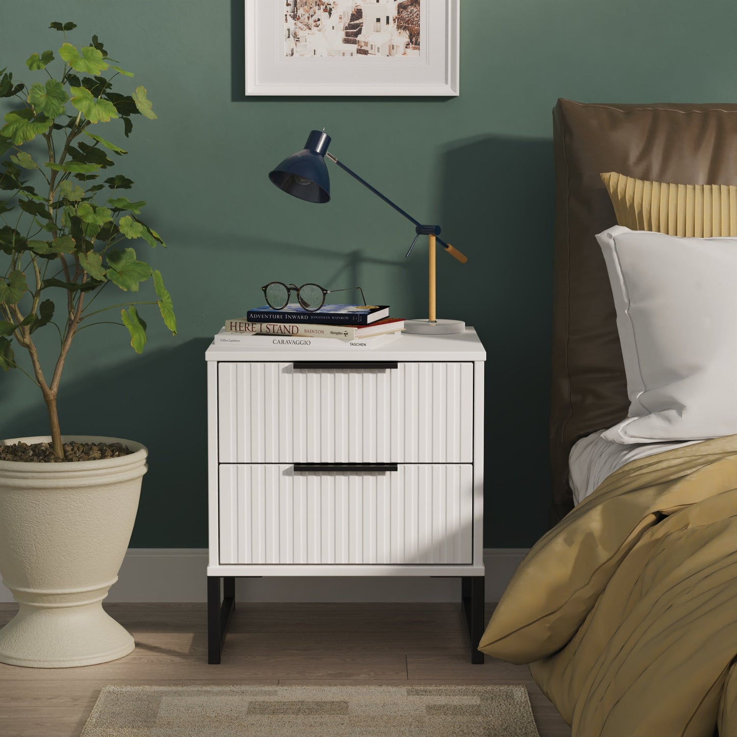 Fluted Bedside Table White 2 Drawers 60cm