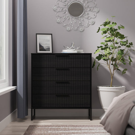 Fluted Chest of Drawers Black 4 Drawers 93cm