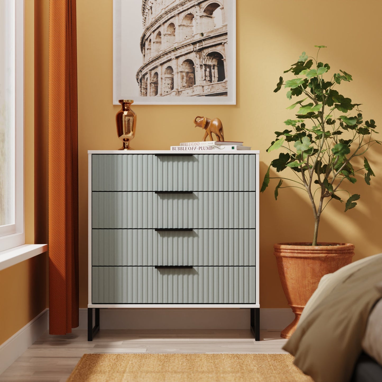 Fluted Chest of Drawers Teal & White 4 Drawers 93cm