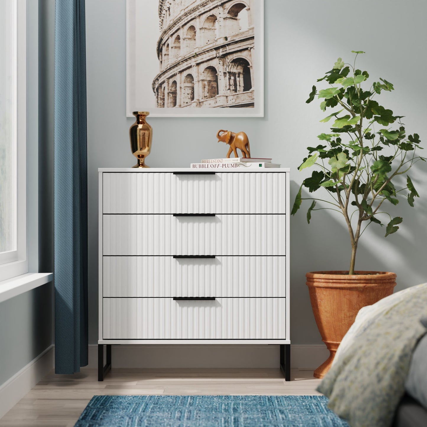 Fluted Chest of Drawers White 4 Drawers 93cm