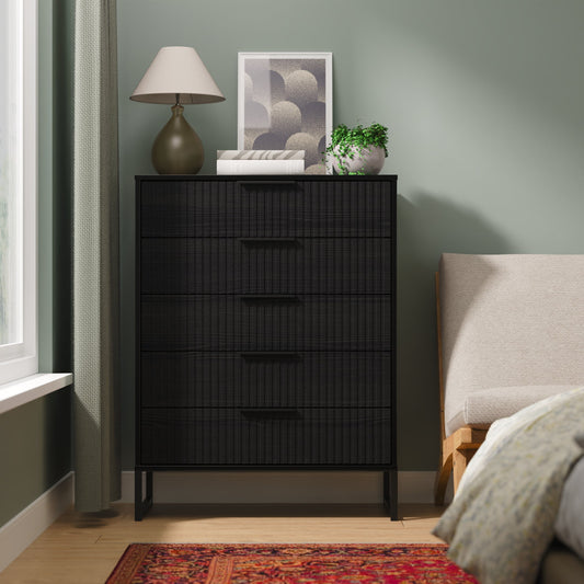 Fluted Tall Chest of Drawers Black 5 Drawers 109cm