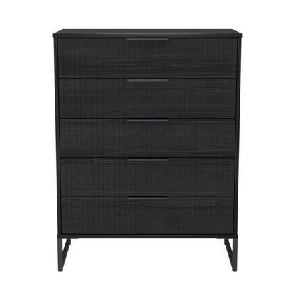 Fluted Tall Chest of Drawers Black 5 Drawers 109cm