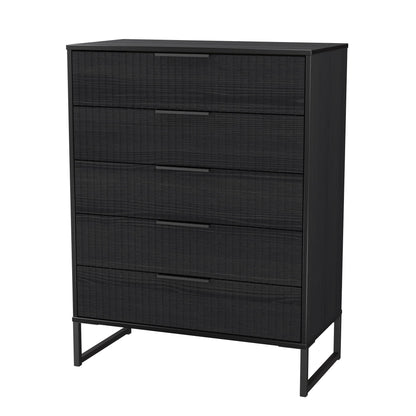 Fluted Tall Chest of Drawers Black 5 Drawers 109cm